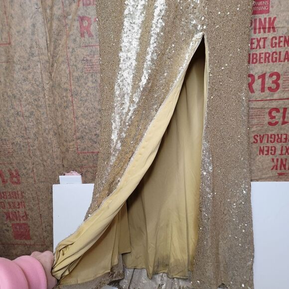 CHRISTINA WU gold matte sequin celebration style cowl back gown dress‎ 10 - Picture 5 of 13